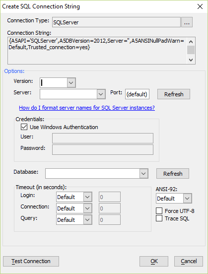Configuration options for SQL Server.